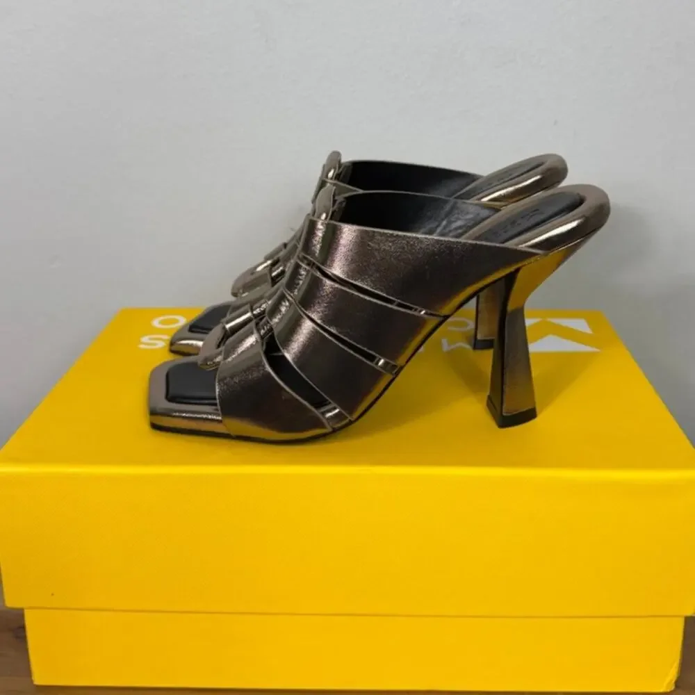 Mercedes Castillo Aria High-Heel Slide Sandals, Tungsten Metallic Leather Size 8